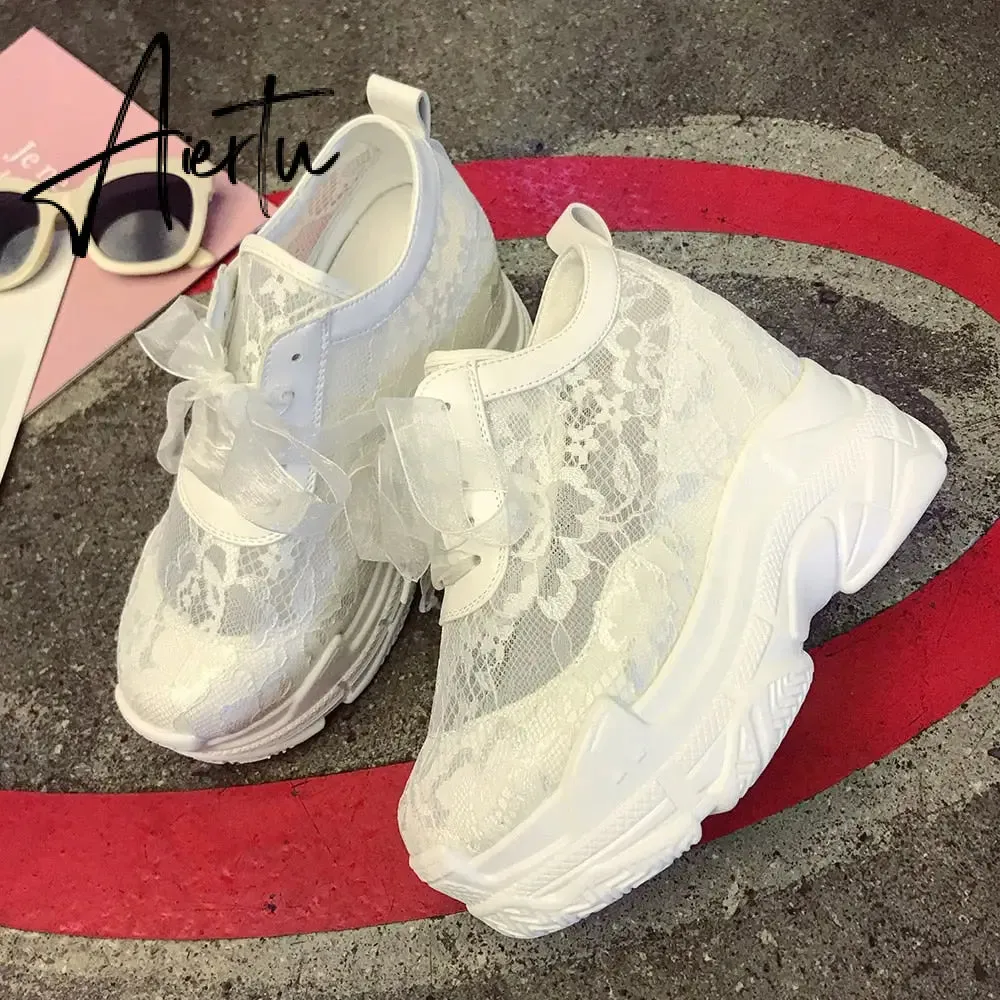 NEW Classic Women Mesh Platform Sneakers Trainers White Shoes High Heels Wedges Outdoor Shoes Breathable Casual Shoes Woman