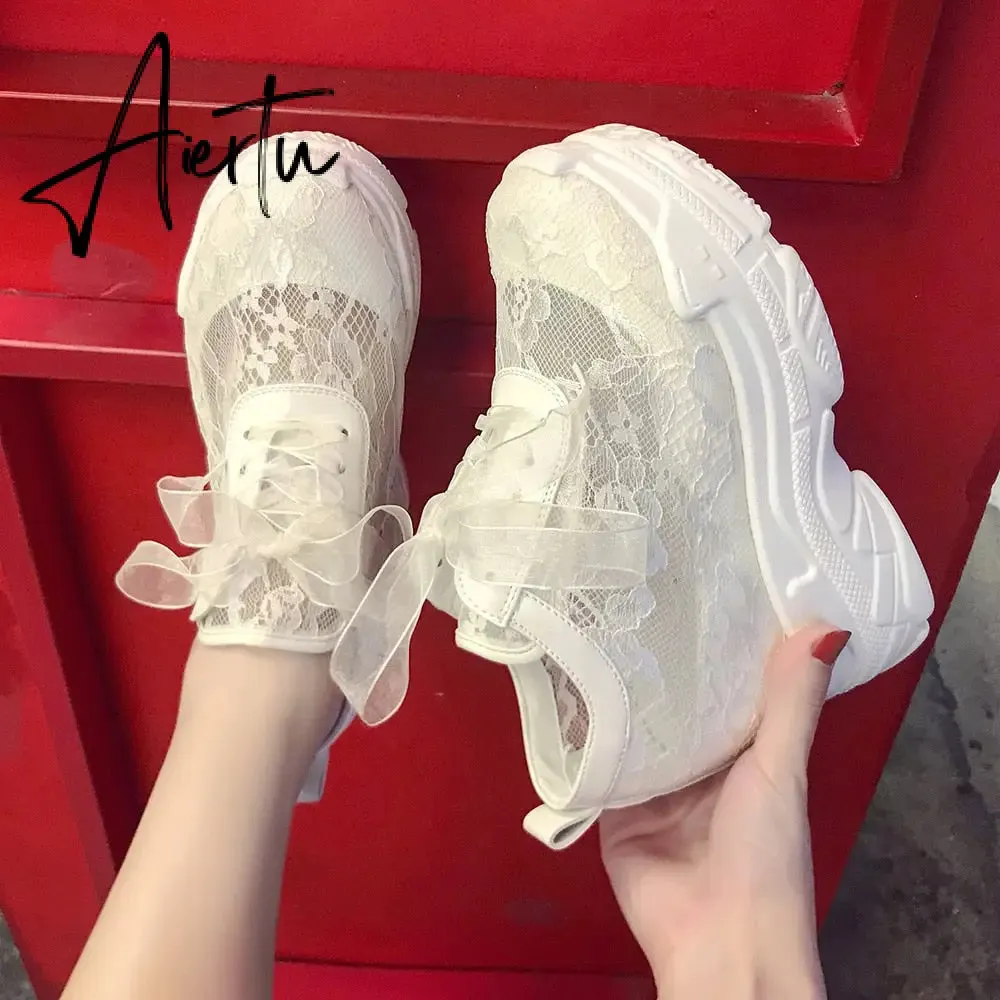 NEW Classic Women Mesh Platform Sneakers Trainers White Shoes High Heels Wedges Outdoor Shoes Breathable Casual Shoes Woman