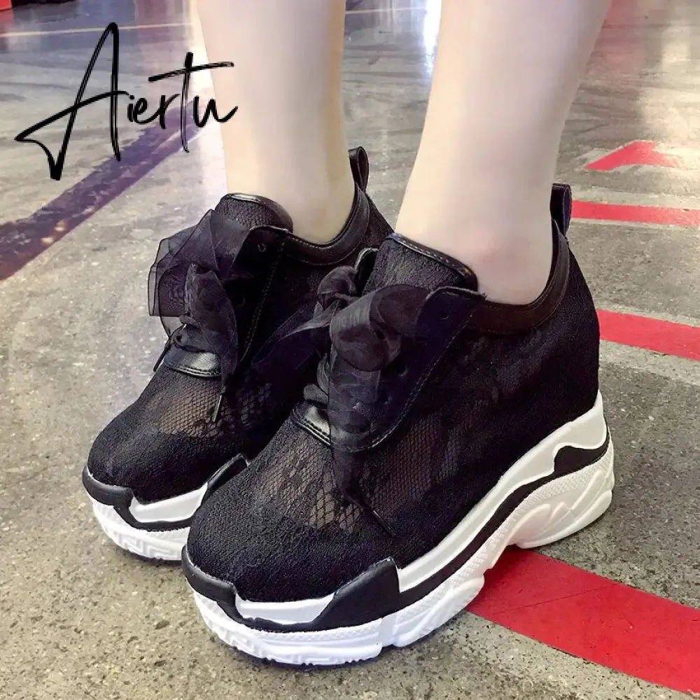 NEW Classic Women Mesh Platform Sneakers Trainers White Shoes High Heels Wedges Outdoor Shoes Breathable Casual Shoes Woman