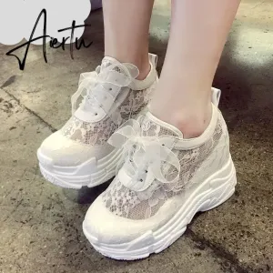NEW Classic Women Mesh Platform Sneakers Trainers White Shoes High Heels Wedges Outdoor Shoes Breathable Casual Shoes Woman