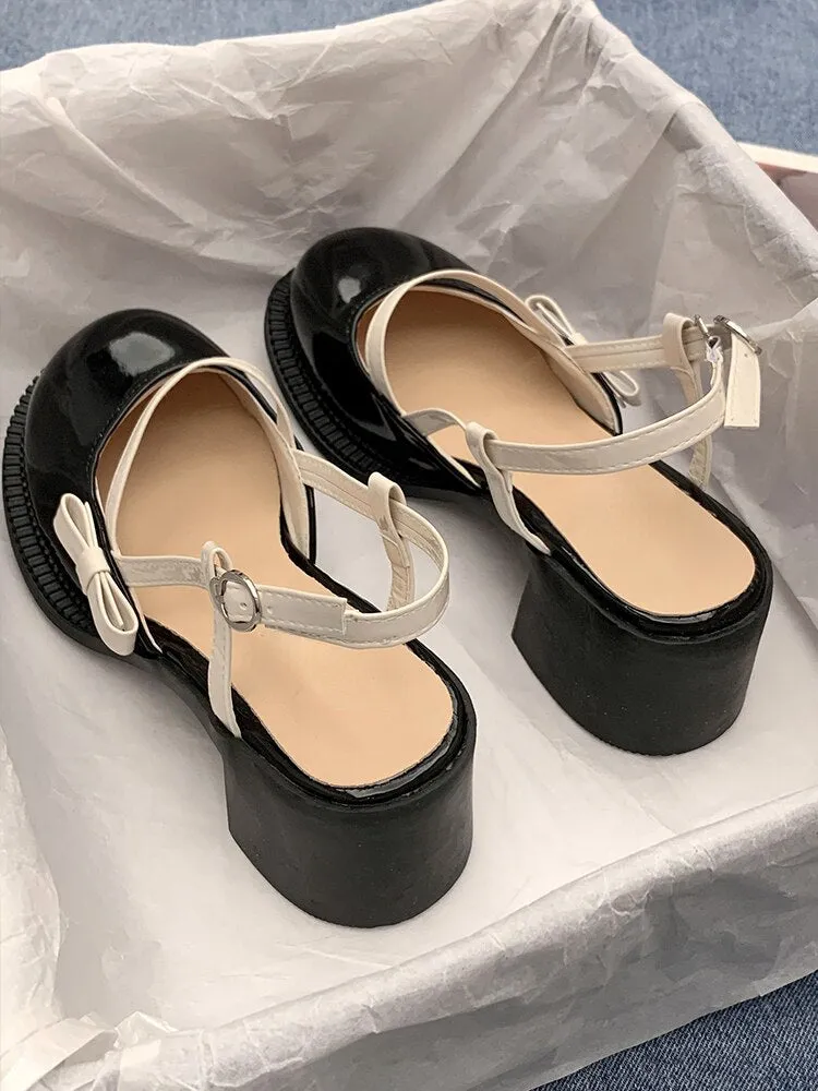 Purpdrank - Mary Janes Platform Shoes Buckle Bow Round Toe Sweet Shoes Lolita Hollow Fairy Elegant Sandals Shoes Woman Casual Summer