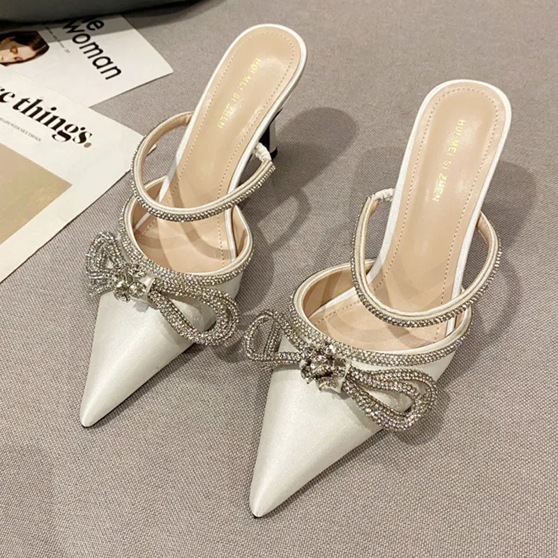 Purpdrank - New Glitter Rhinstones Women Pumps Mules Crystal Bowknot Green Satin Summer Lady Shoes Stripper High Heels Party Prom Shoes