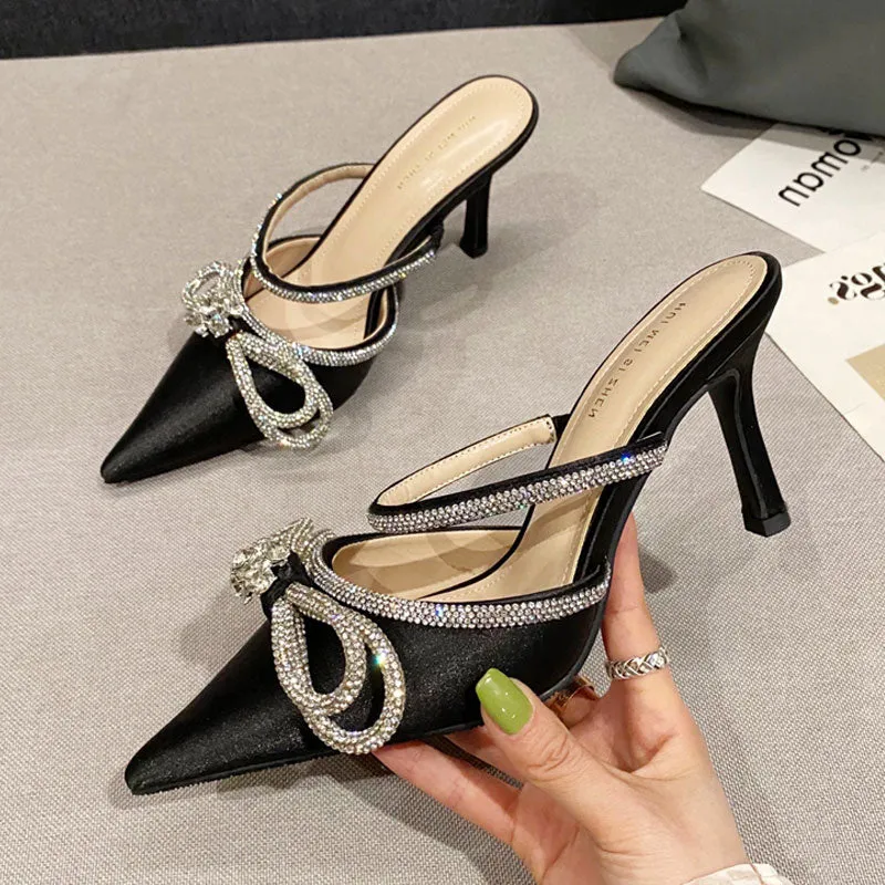 Purpdrank - New Glitter Rhinstones Women Pumps Mules Crystal Bowknot Green Satin Summer Lady Shoes Stripper High Heels Party Prom Shoes