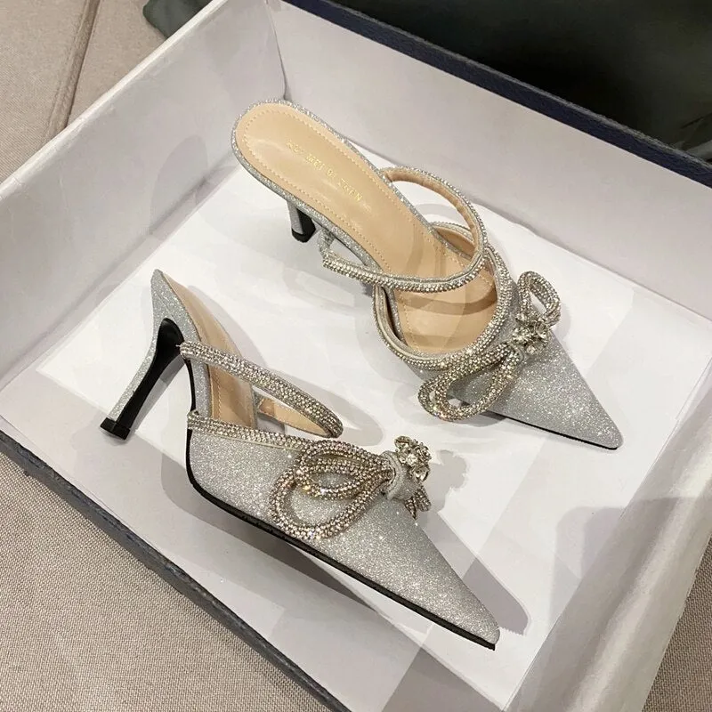 Purpdrank - New Glitter Rhinstones Women Pumps Mules Crystal Bowknot Green Satin Summer Lady Shoes Stripper High Heels Party Prom Shoes