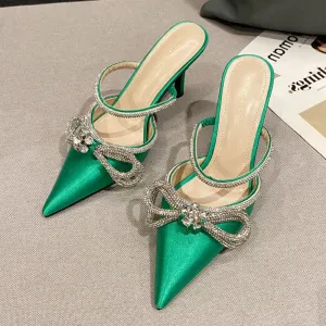 Purpdrank - New Glitter Rhinstones Women Pumps Mules Crystal Bowknot Green Satin Summer Lady Shoes Stripper High Heels Party Prom Shoes