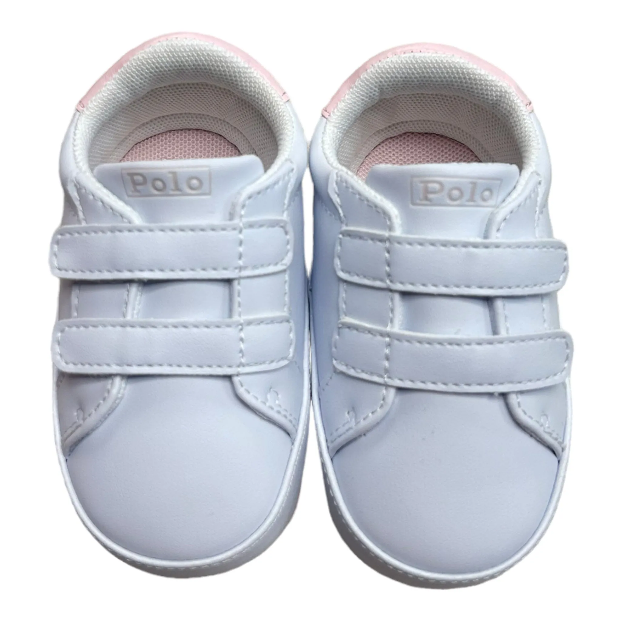 Ralph Lauren - White faux leather baby shoes, pink trim, trainer style, velcro