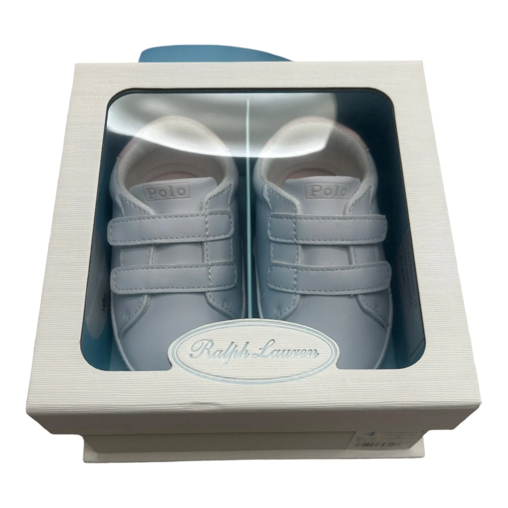 Ralph Lauren - White faux leather baby shoes, pink trim, trainer style, velcro