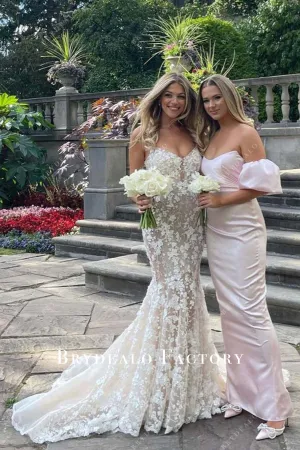 Romantic Lace Champagne Mermaid Court Train Wedding Dress