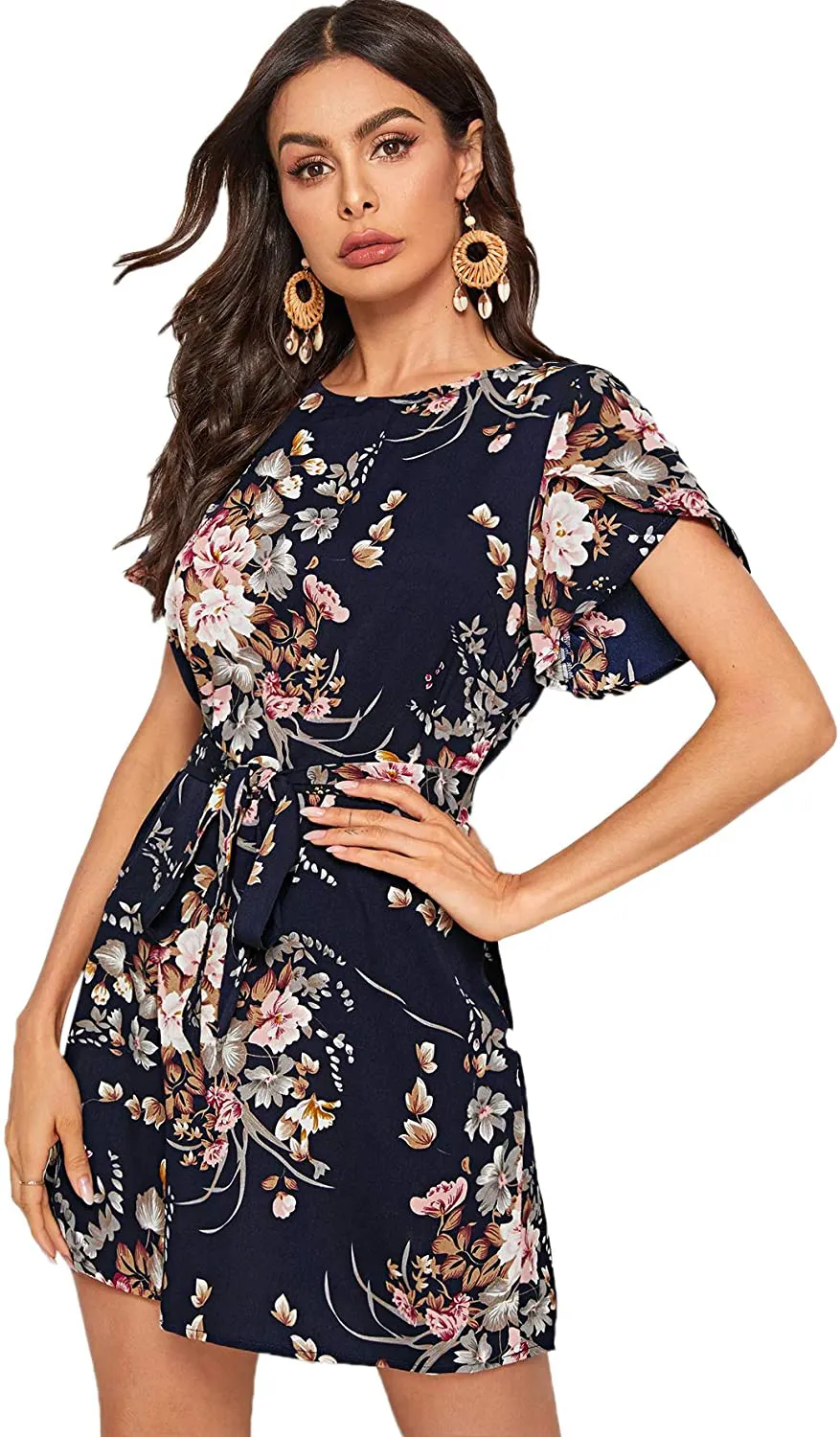 Romwe Women's Petal Short Sleeve Floral Print Belted Casual Mini Tunic Dress