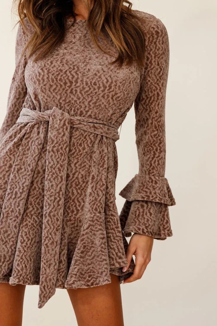 Saphira Long Sleeve Fluted Hem Knit Dress Taupe