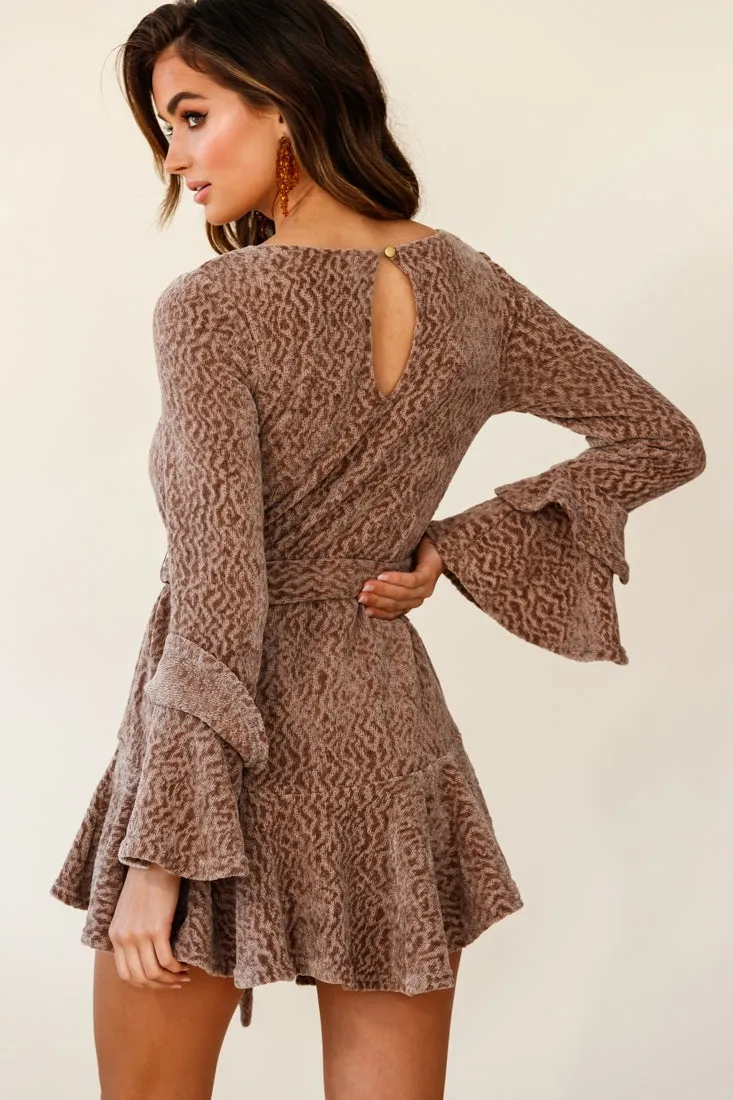 Saphira Long Sleeve Fluted Hem Knit Dress Taupe