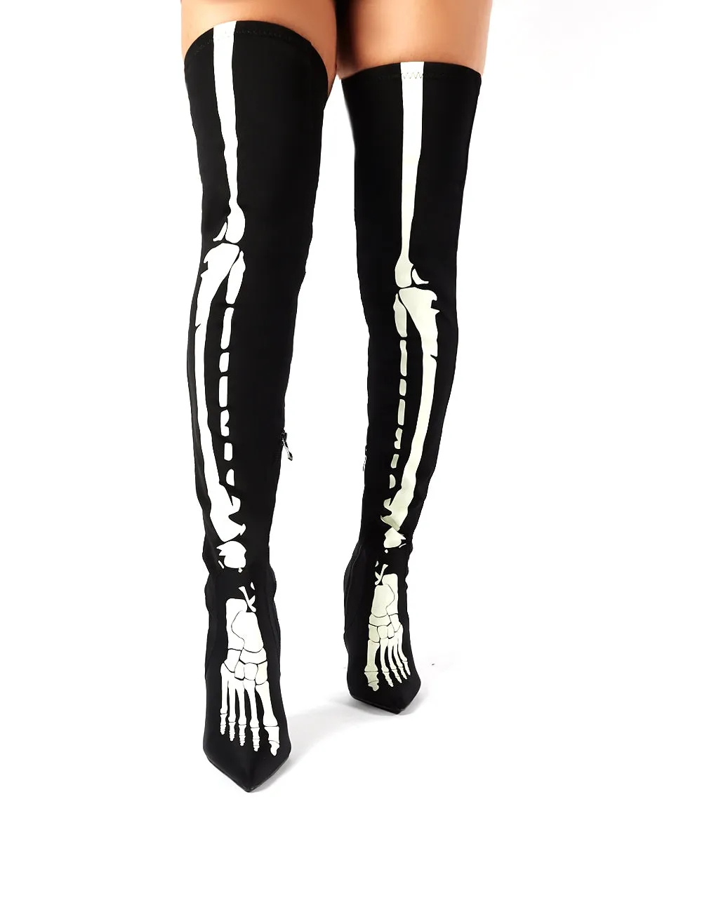 Spooked Black Glow in the Dark Skeleton Over the Knee Boots