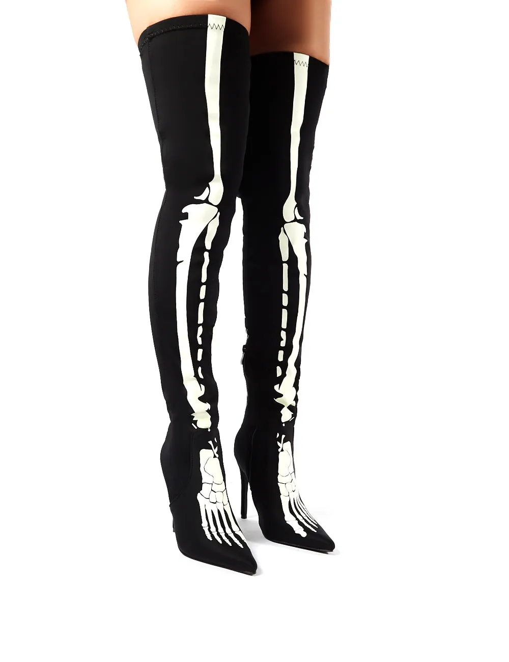 Spooked Black Glow in the Dark Skeleton Over the Knee Boots