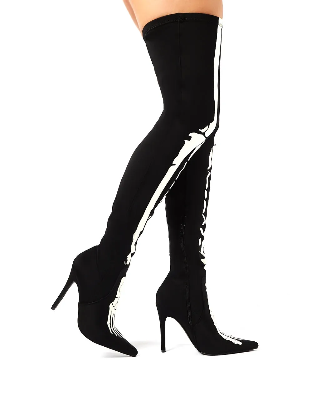 Spooked Black Glow in the Dark Skeleton Over the Knee Boots