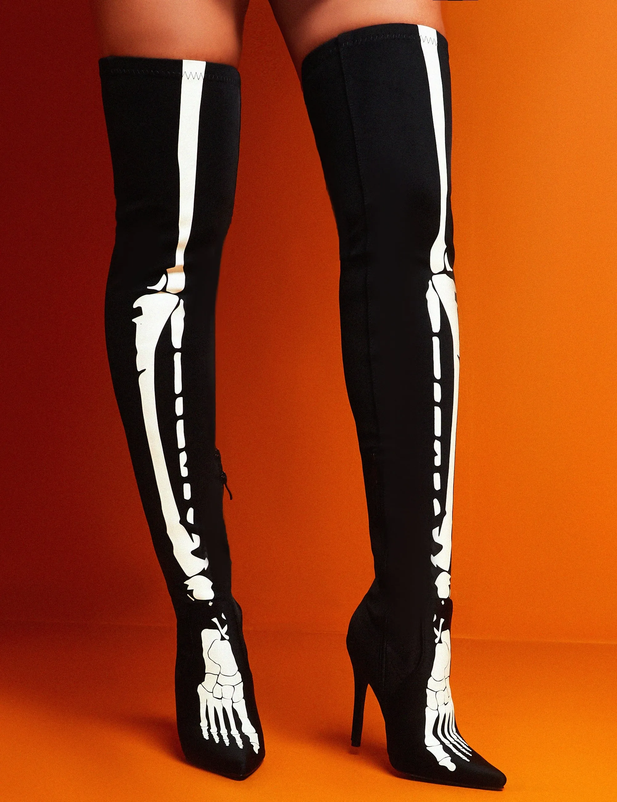 Spooked Black Glow in the Dark Skeleton Over the Knee Boots