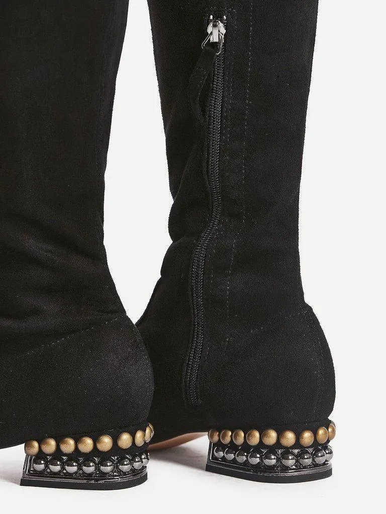 Square Toe Side Zipper Thigh High Boots