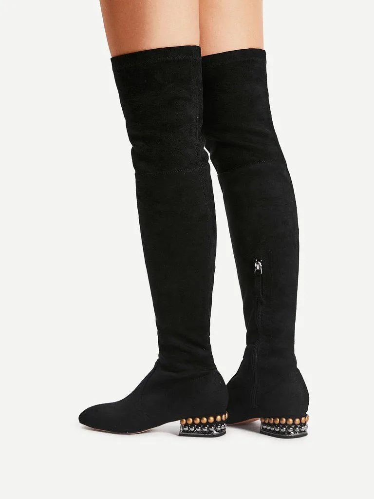 Square Toe Side Zipper Thigh High Boots