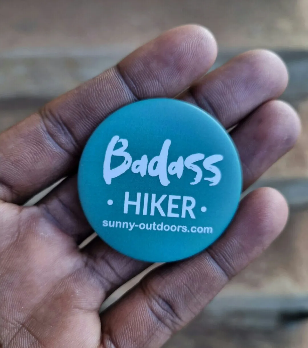 Sunny Outdoors hiker button badge