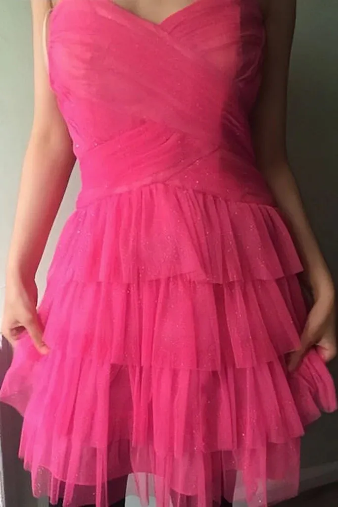 Sweetheart Glitter Tulle Tiered Homecoming Dress, Pink Short Sweet 16 Dress UQH0228