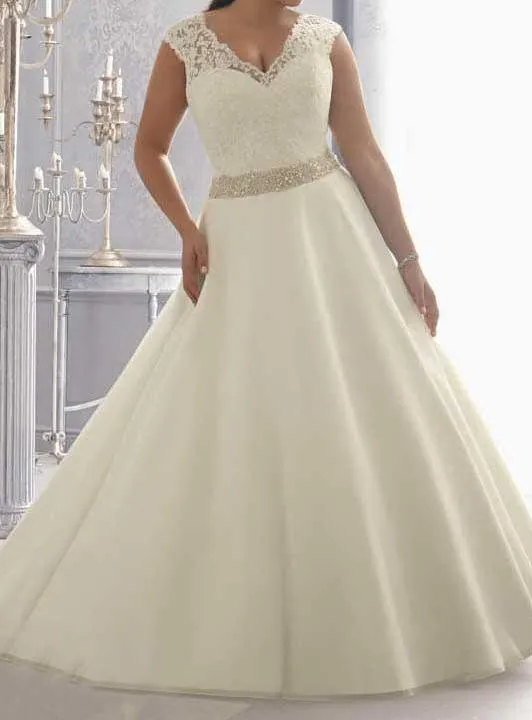 V Neck Ivory Cap Sleeve Beadings  A Line Wedding Dress Lace Plus Size Wedding Dresses