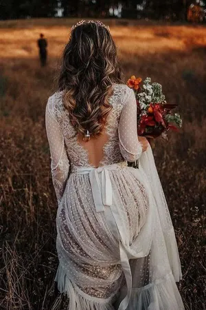 V-Neck Polka Dot Lace Open Back Long Sleeve  Boho Bridal Gown WD433