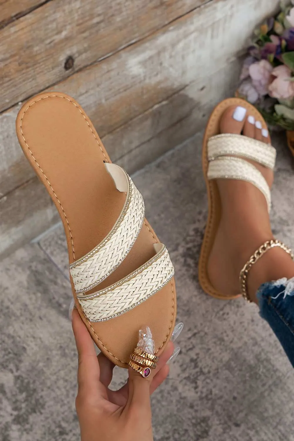 White Woven Straps PU Leather Flat Slides Shoes