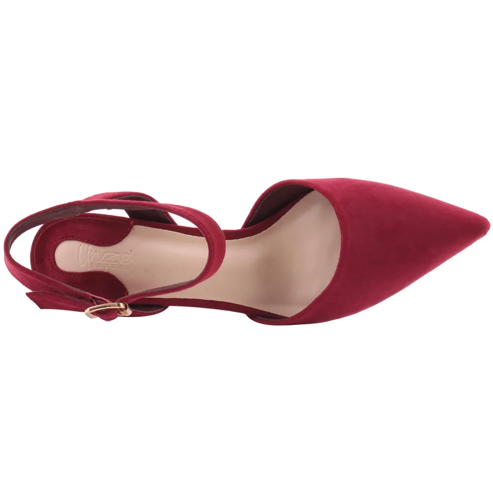 Women "NONA" Pointed Toe Ankle Strap Suede Slip On Heel Sandals