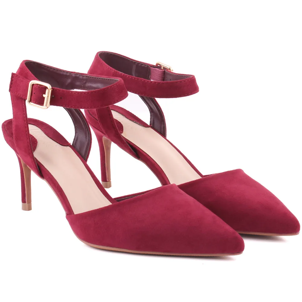 Women "NONA" Pointed Toe Ankle Strap Suede Slip On Heel Sandals