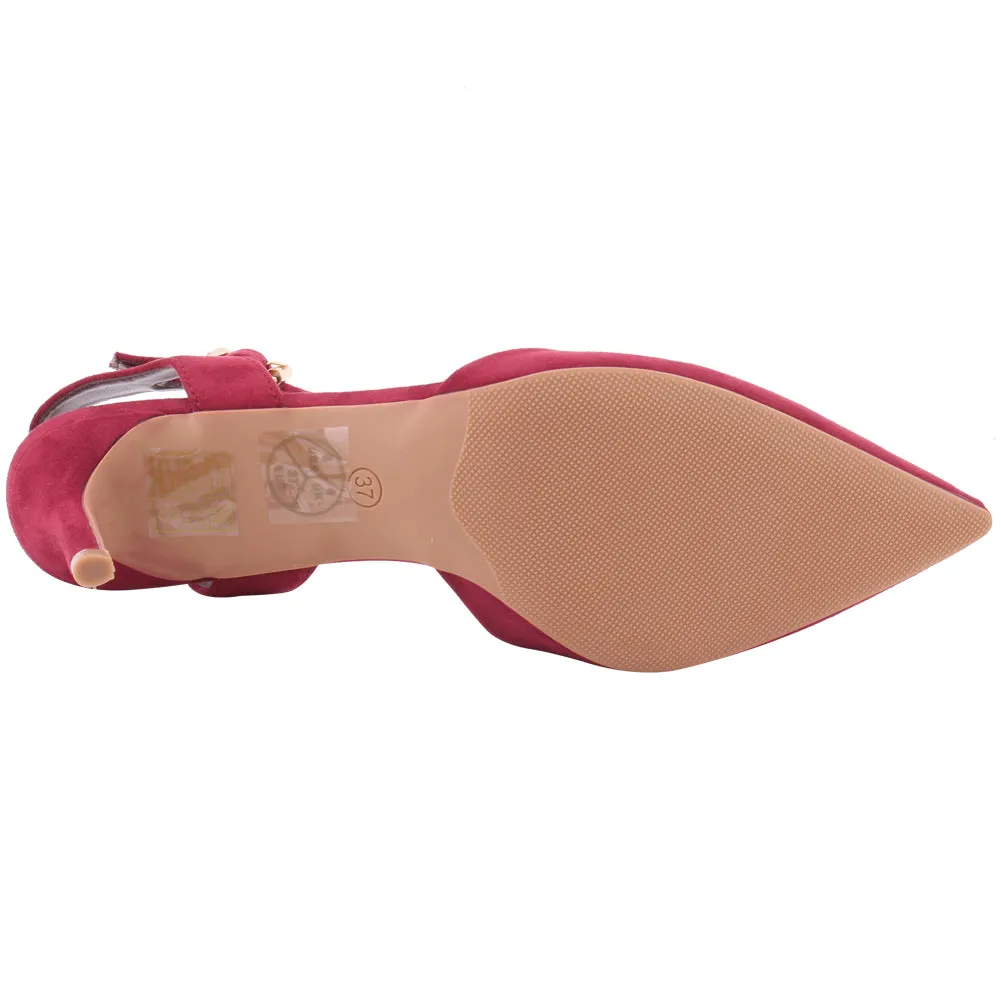 Women "NONA" Pointed Toe Ankle Strap Suede Slip On Heel Sandals