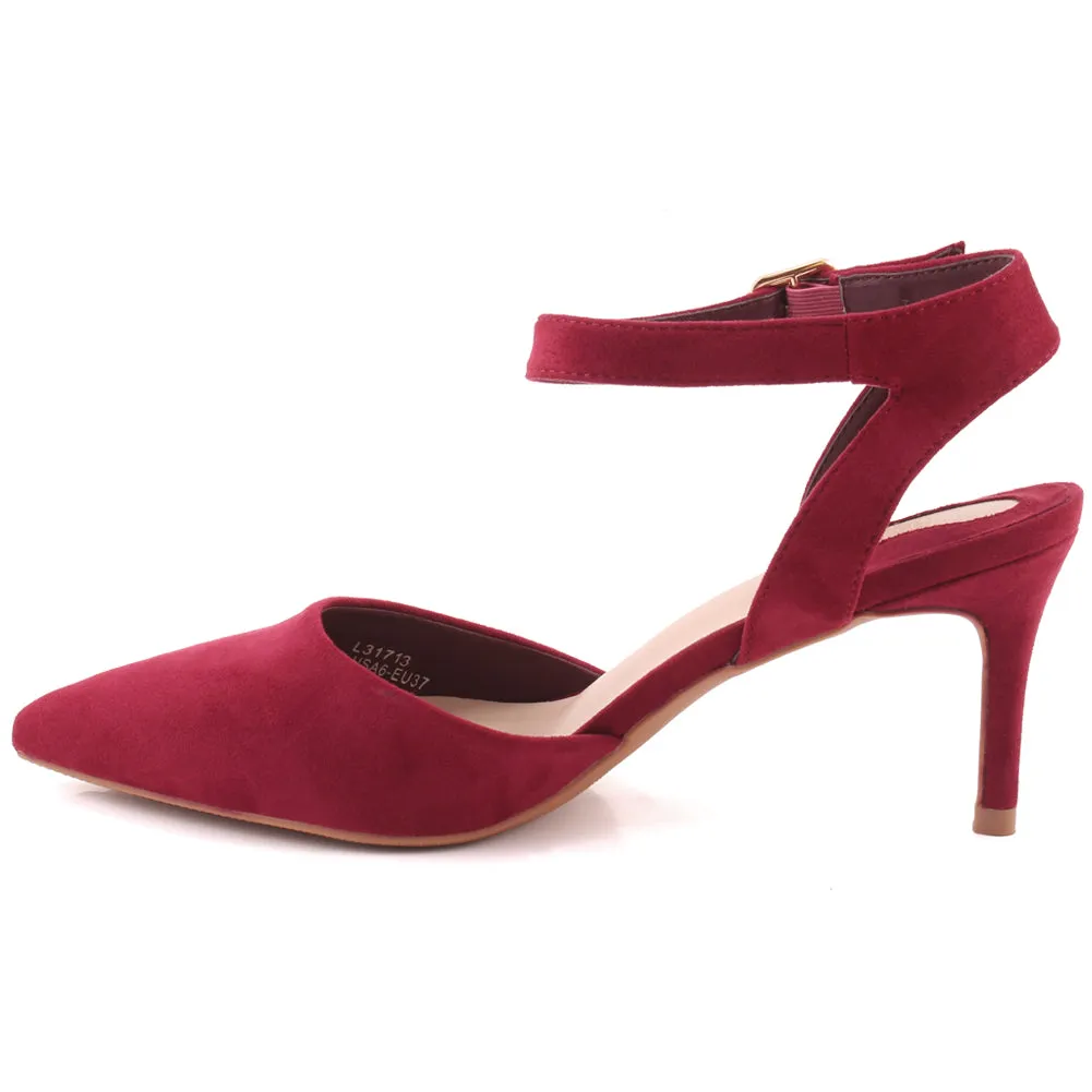 Women "NONA" Pointed Toe Ankle Strap Suede Slip On Heel Sandals