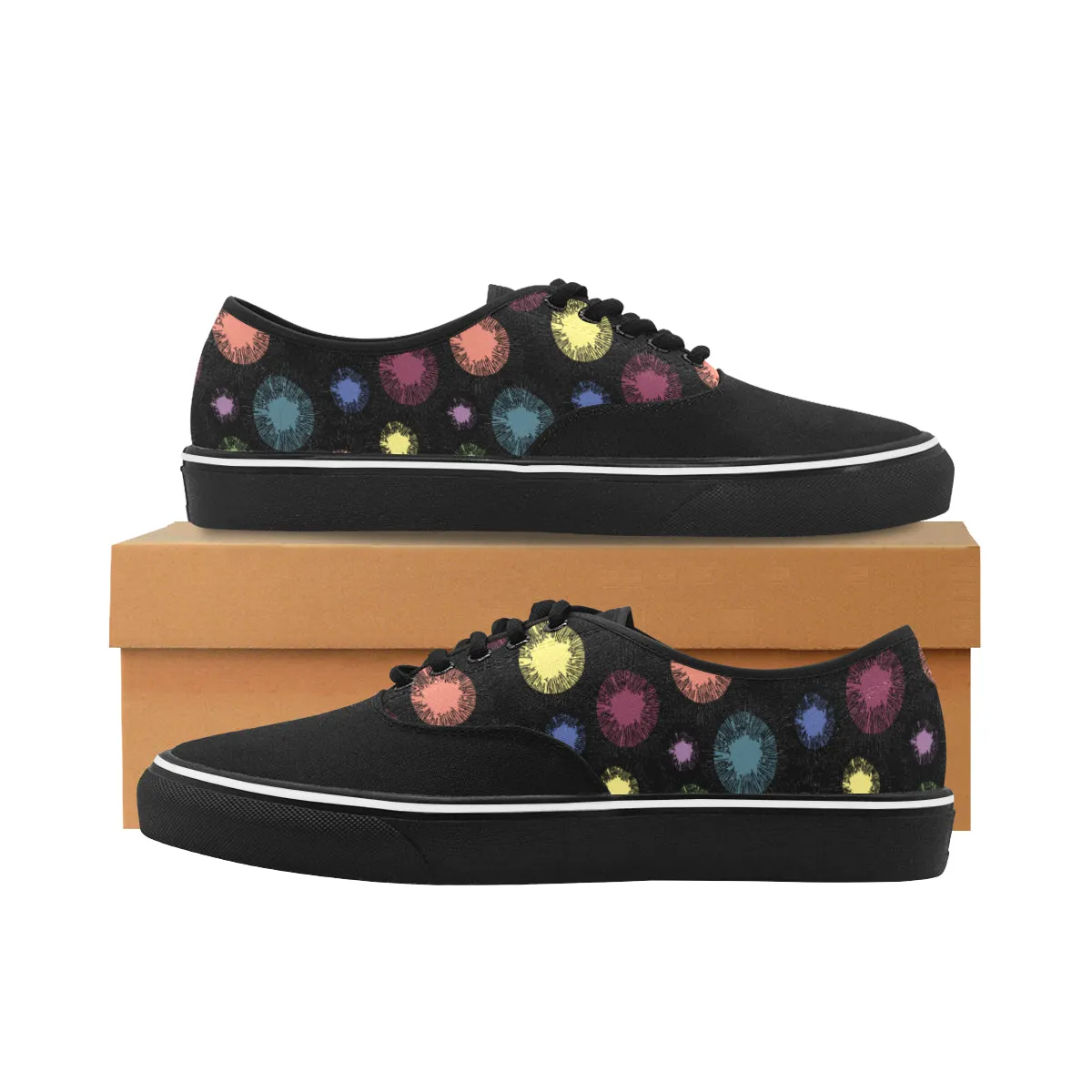 Women's Big Size Atomic Black Polka Print Canvas Low Top Shoes