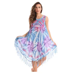 Women's Ombre Tie Dye Summer Dress with Floral Painted Design