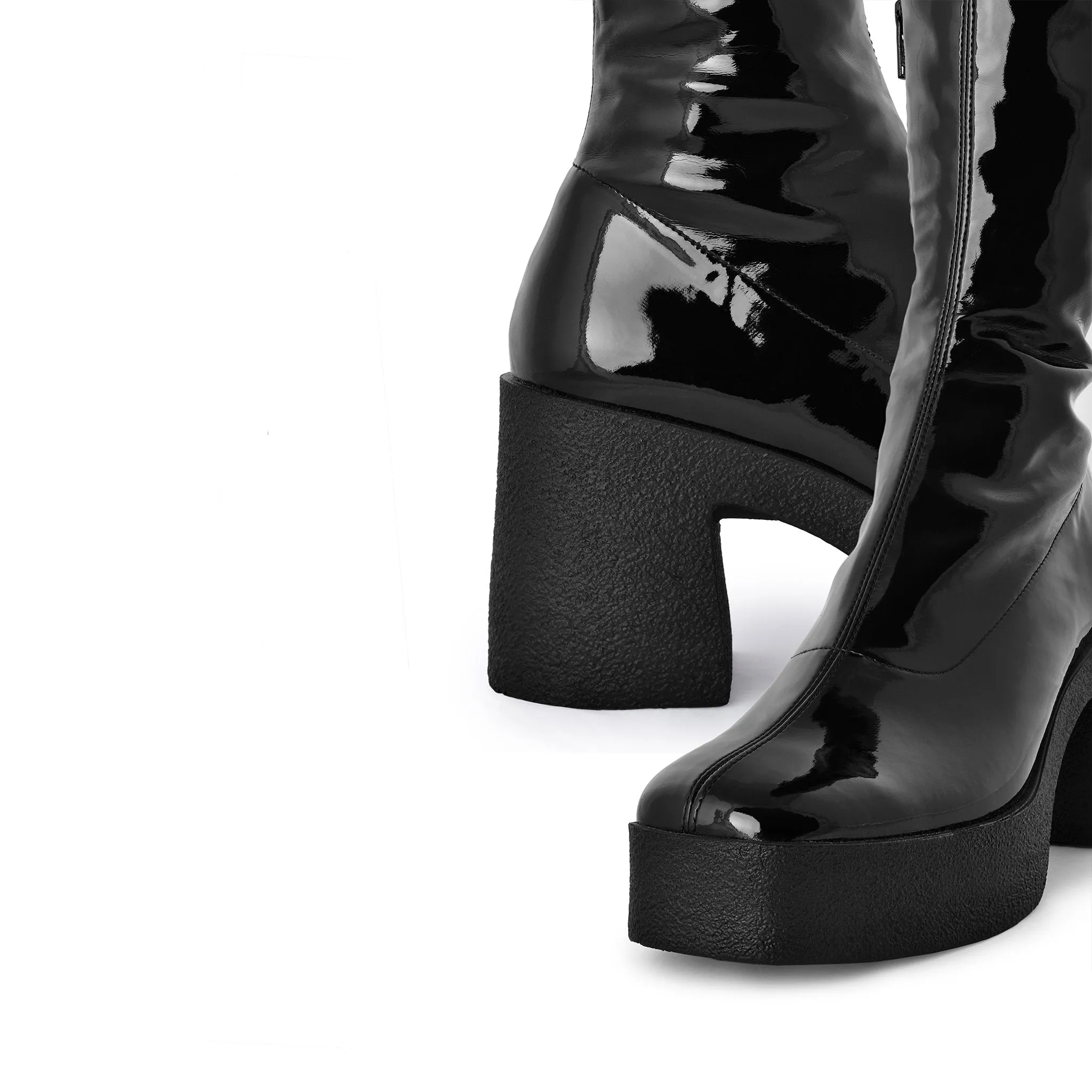 Yoshi Black Thigh-High Stretch Patent Boots