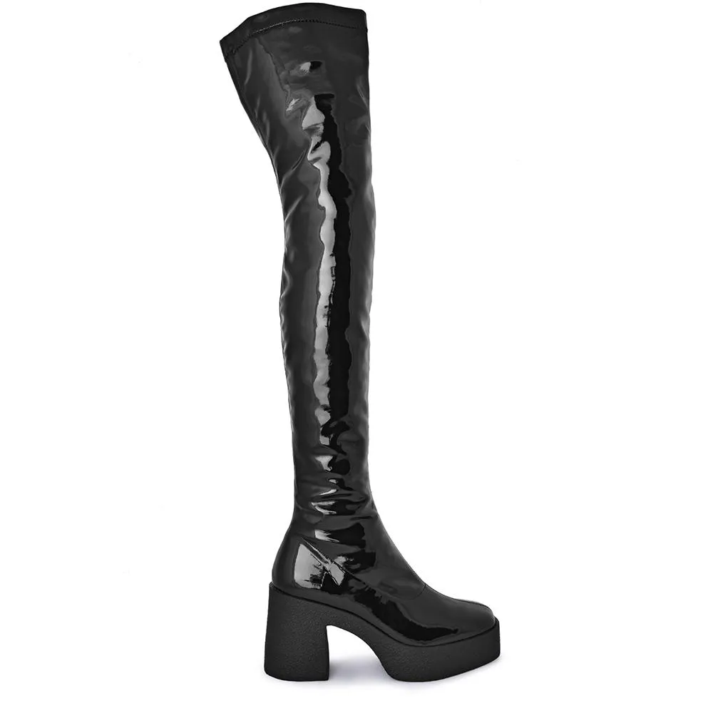 Yoshi Black Thigh-High Stretch Patent Boots