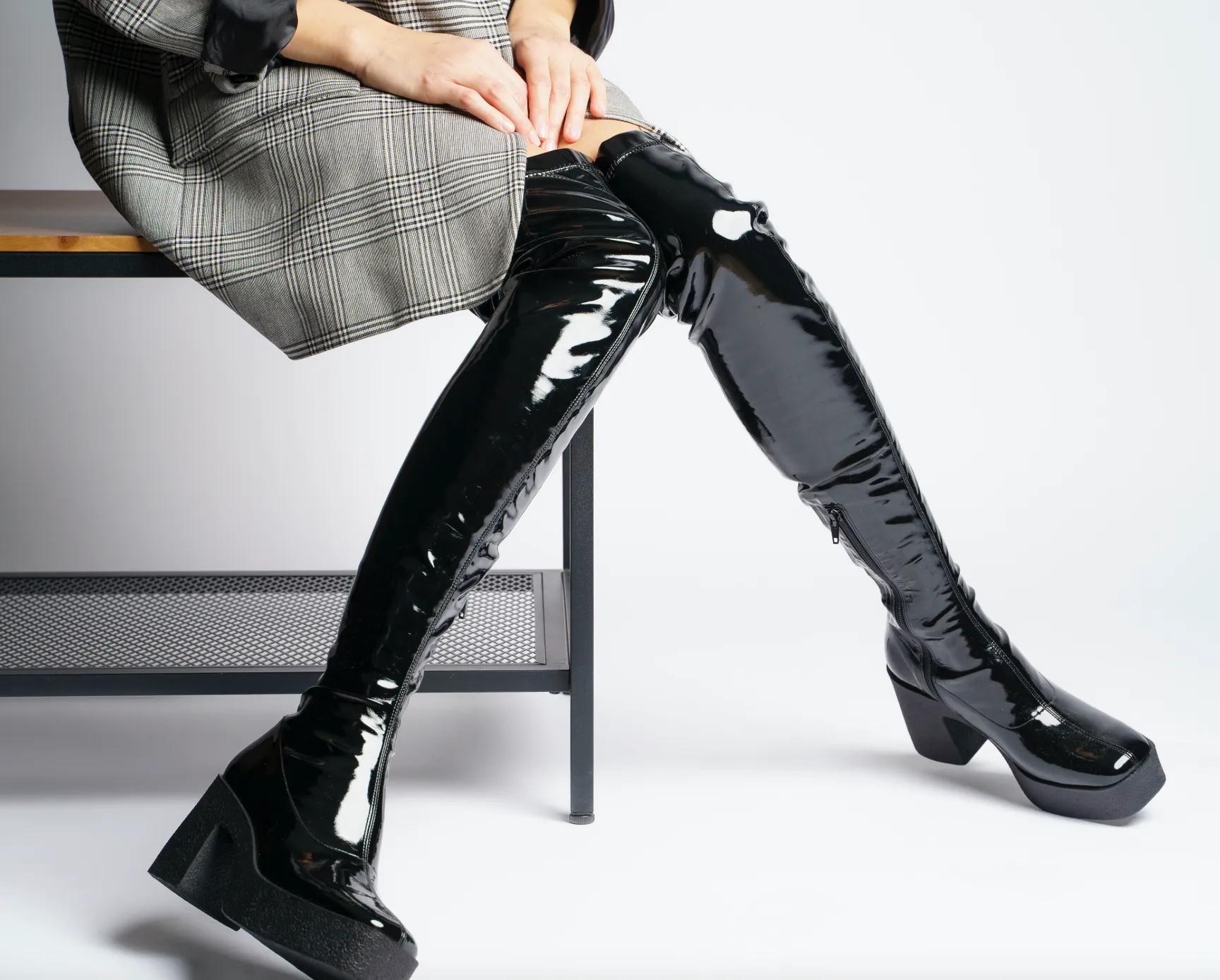 Yoshi Black Thigh-High Stretch Patent Boots