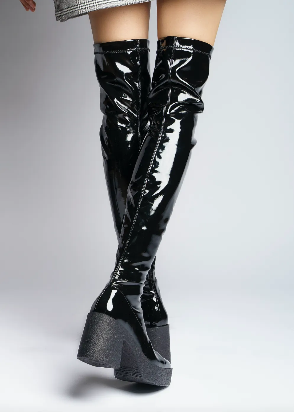 Yoshi Black Thigh-High Stretch Patent Boots