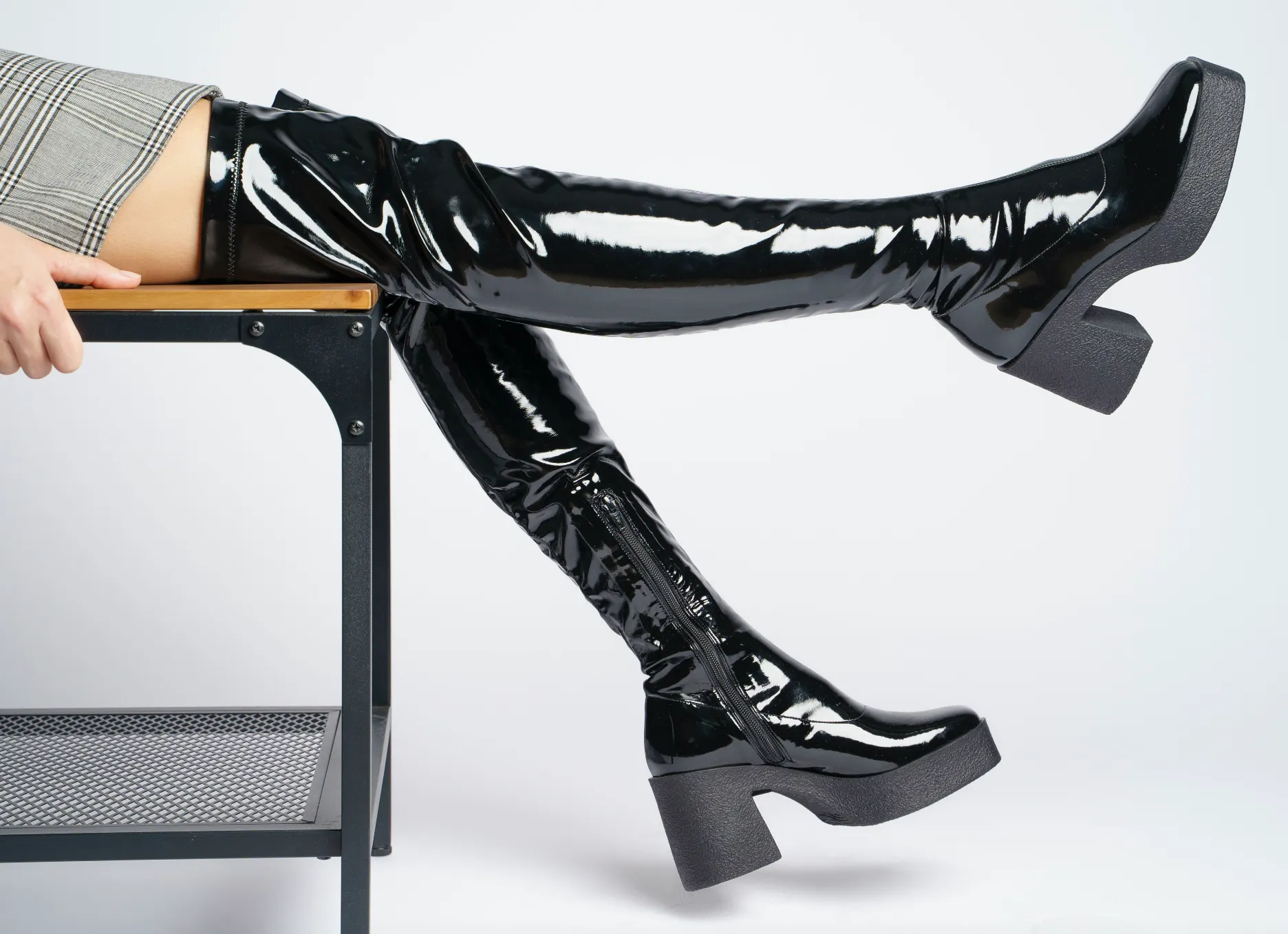 Yoshi Black Thigh-High Stretch Patent Boots