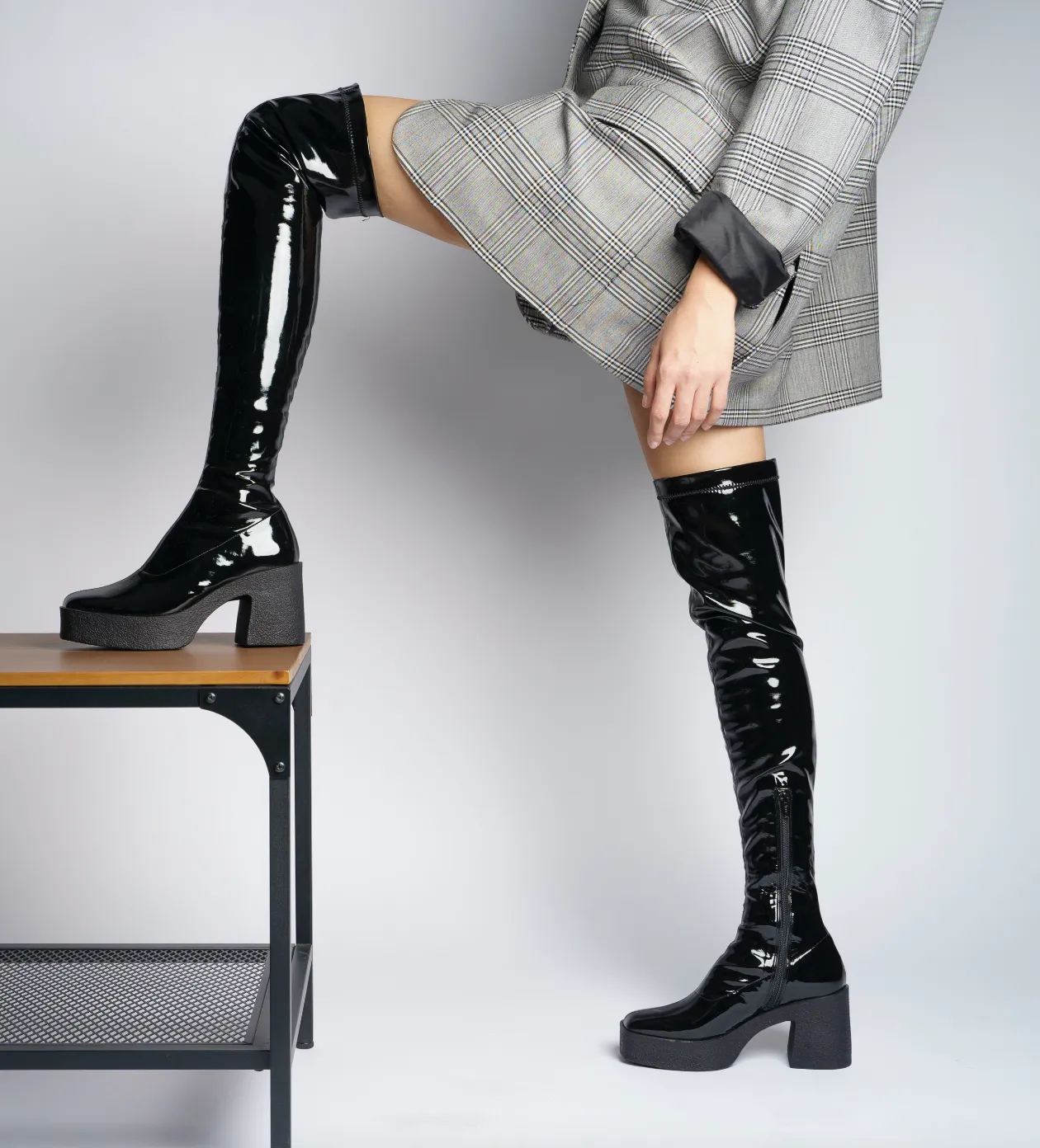 Yoshi Black Thigh-High Stretch Patent Boots
