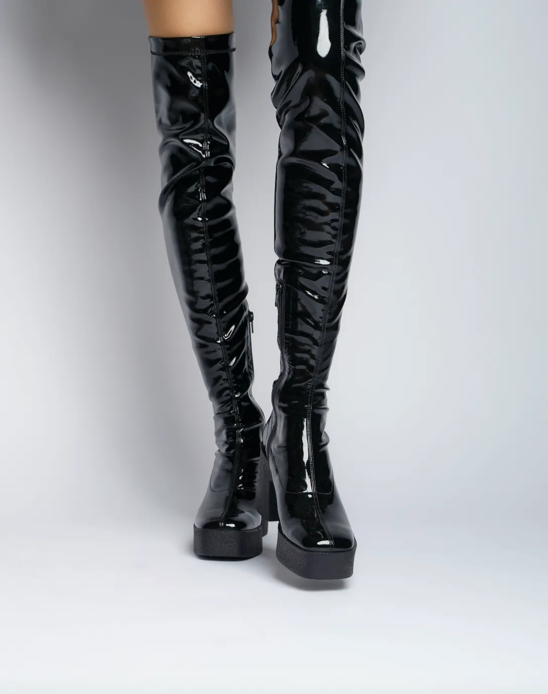 Yoshi Black Thigh-High Stretch Patent Boots
